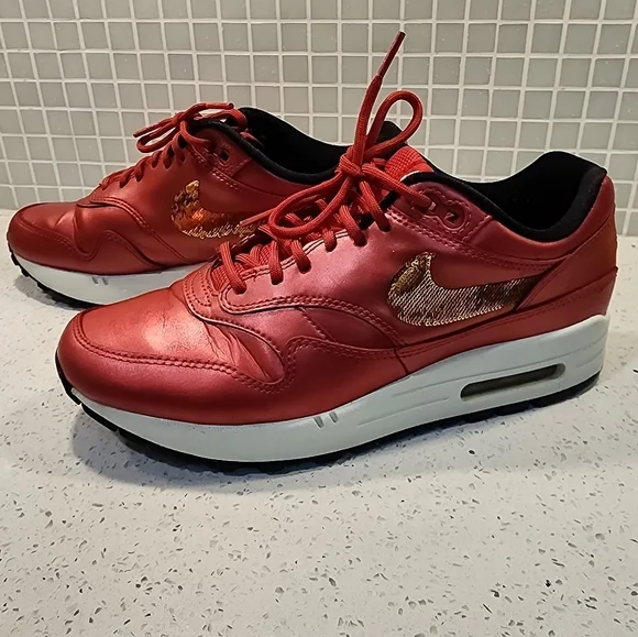Women Nike Air Max 1 University Red Metallic Gold Sequin Sneackers CT1149-600 - Picture 7 of 10